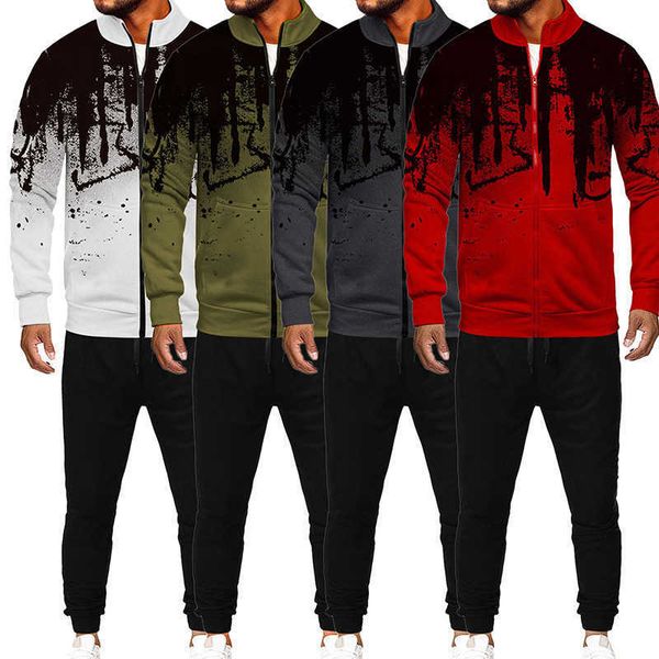 

men's clothing 2022 new large sports casual speckle cardigan stand neck zipper shirt print set, Black