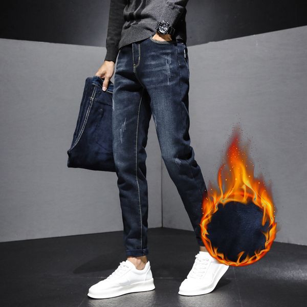 

men's jeans winter men's fleece warm business jeans classic style fashion straight stretch denim warm pants male brand trousers bl, Blue
