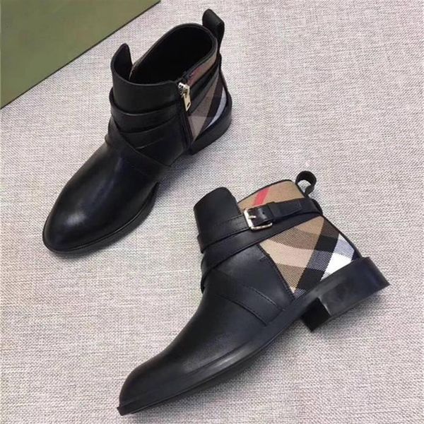 

genuine leather casual boots women shoes martin boots plaid stitching upper is imported calfskin plaid stripe women short boots270r, Black