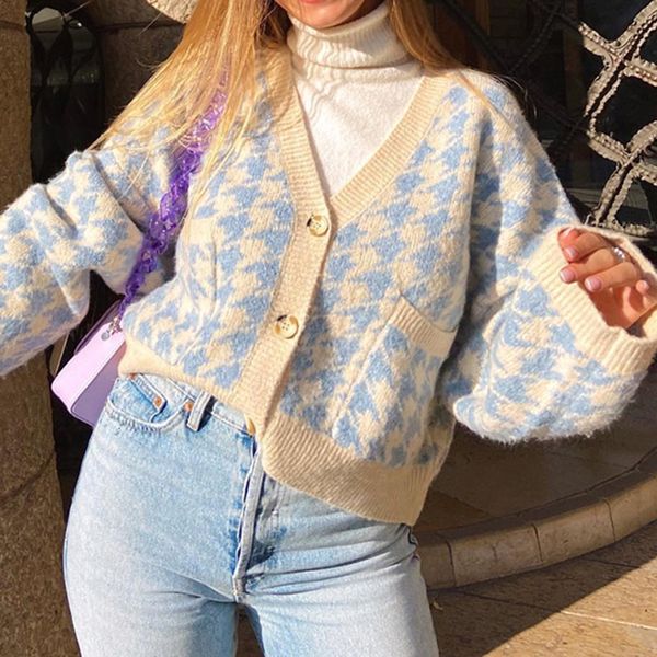 

women's knits tees ladies autumn winter sweater women houndstooth cardigan casual warm jumper knitted loose women sweaters female pull, White