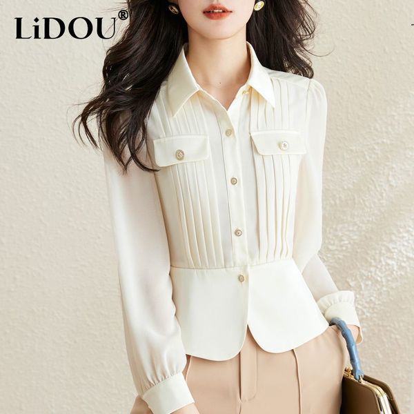 

womens blouses shirts spring autumn lapel elegant fashion single breasted waist chiffon shirt women long sleeve allmatch button cardigan blo, White