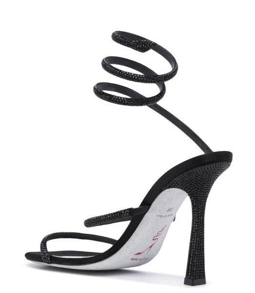 

rene caovilla cleo open toe sandals crystal embellished spiral snake tail sandals twining rhinestone sandal women 10cm silver stiletto heels, Black