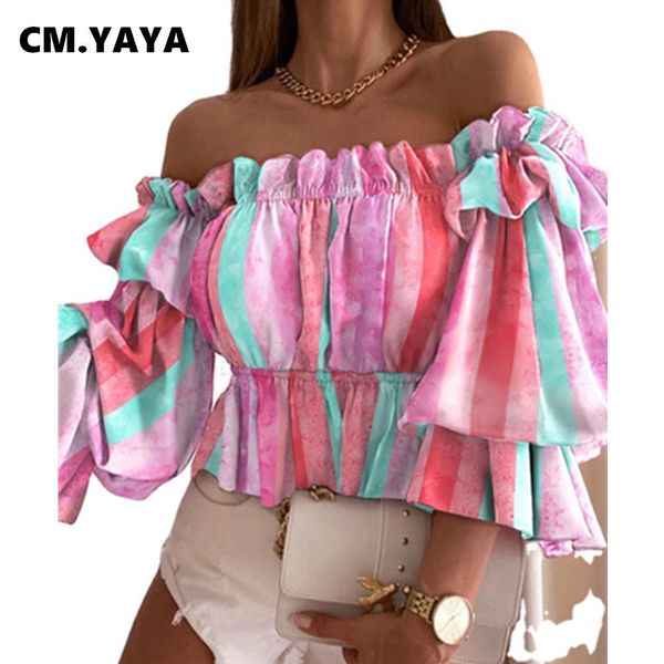 

women's t-shirt shirts cm.yaya women tie dye print three quarter puff sleeve off shoulder slash neck loose crop fashion streetwear 230, White