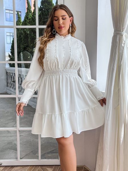

plus size dresses plus elegant lace patchwork party plus size dres buttons white office dresses elastic waist frills ruffle vestido 230302, Black