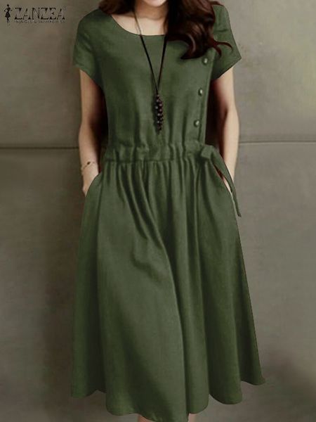 

casual dresses zanzea summer vintage cotton dress women short sleeve solid drawstring waist sundress fashion knee-length vestidos kaftan 230, Black;gray