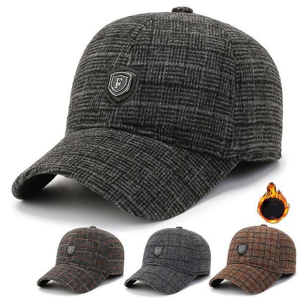 

ball caps winter fashion checkered warm baseball cap middle-aged and elderly plus velvet thickening outdoor cold-proof ear protection hat 23, Blue;gray