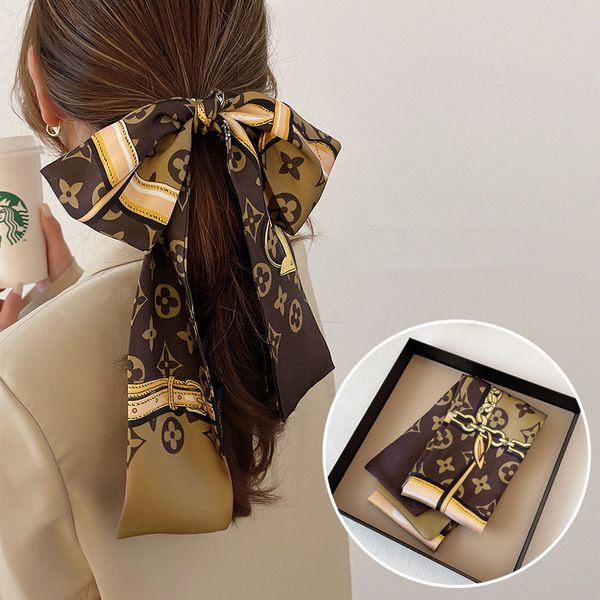 

designer letters chain print floral silk scarf for women luxury classic old flower handle bag ribbon scarves paris shoulder tote luggage, Blue;gray