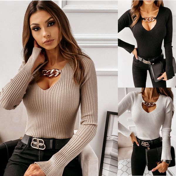 

women's &tees retro style design sense v-neck slim-fit knits flared sleeve knitted sweater solid color chain decoration long sleeved fl, White