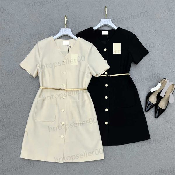 

womens designer clothes dresses ladies spring and summer fashion casual loose two-color v-neck dress brooch decoration single breasted with, Black;gray