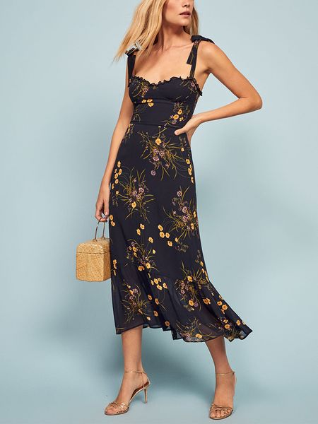 

casual dresses for women elegant vintage floral frill sweetheart neck sleeveless strap tie ruffle hem summer beach 230302, Black;gray
