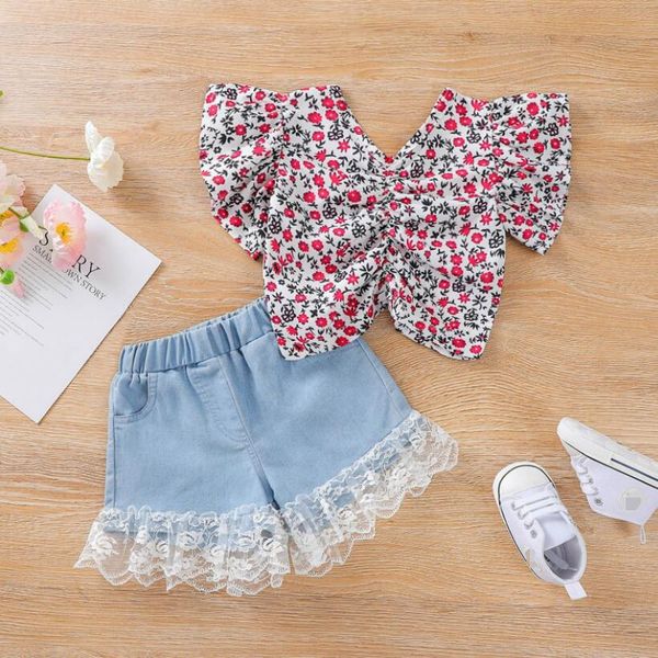 

toddler baby girls clothes sets floral denim lace shorts kids set, White