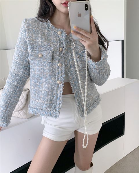 

womens wool blends fashion korean chic vintage tweed woolen jacket coat women autumn single breasted plaid tassel office lady outwear 230302, Black