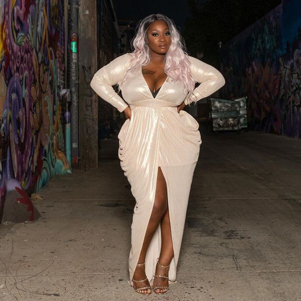 

plus size dresses dress plus size wedding party dress bodycon long sleeve ladies v neck irregular elegant maxi white dresses drop 230302, Black