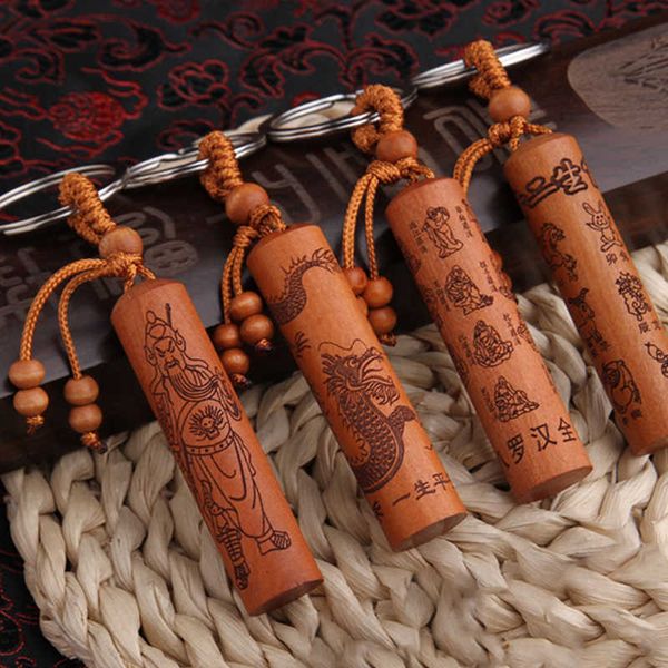

key rings car key chain pendant column wood column carved buddhist sutras cylindrical scripture peach wood good lucky keychain r230301, Slivery;golden