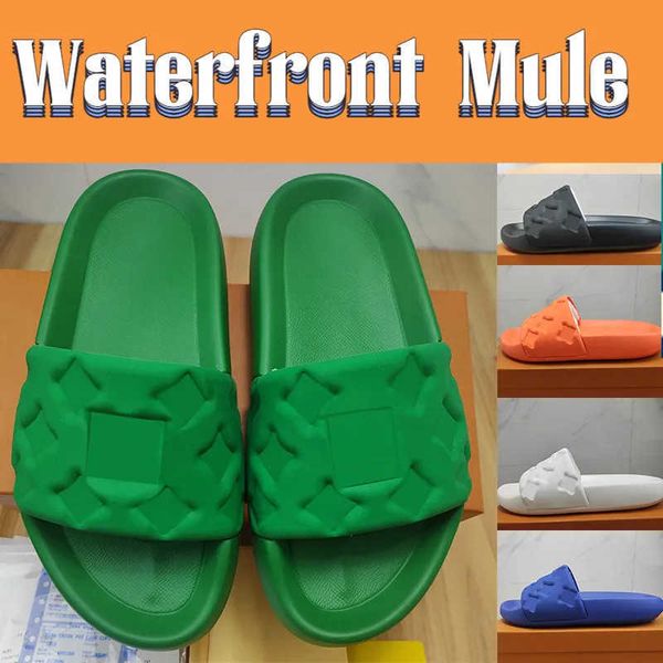 

2023 new slippers designer mens womens rubber slide waterfront embossed monograms mule fashion women slides flat comfort luxury summer sanda, Black
