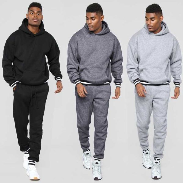 

men's clothing autumn and winter 2022 new suit rib contrast splice sweater two piece hooded casual sports, Black