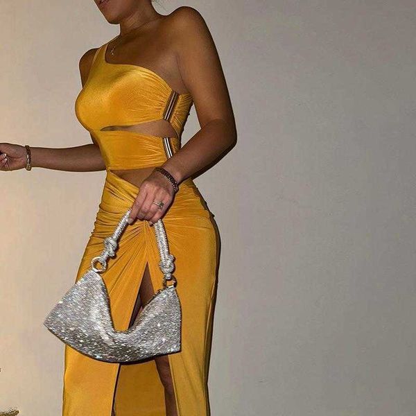 

one shoulder twisted hollow dress temperament girl high slit party long, Black;gray