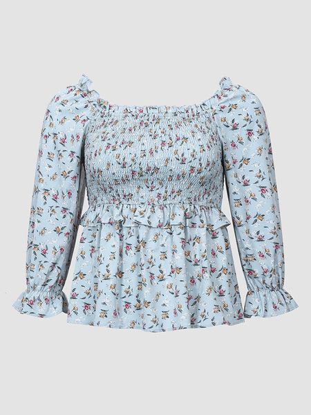 

womens blouses shirts finjani floral print shirred frill trim flounce sleeve blouse plus size spring and autumn womens elegant clothing 2303, White