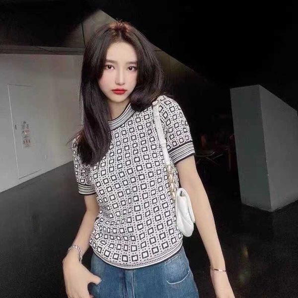 

women's t-shirt designer knitted tee fashion jacquard full letters round neck short sleeves 25ej, White