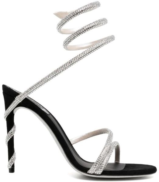 

rene caovilla cleo open toe sandals crystal embellished spiral snake tail sandals twining rhinestone sandal women 10cm silver stiletto heels, Black