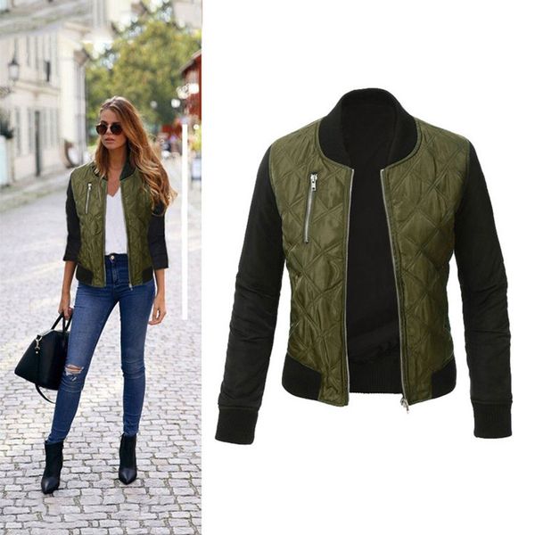 

women's jackets autumn winter leisure fashion solid jacket o-neck zipper stitching quilted bomber jacket coats 230302, Black;brown