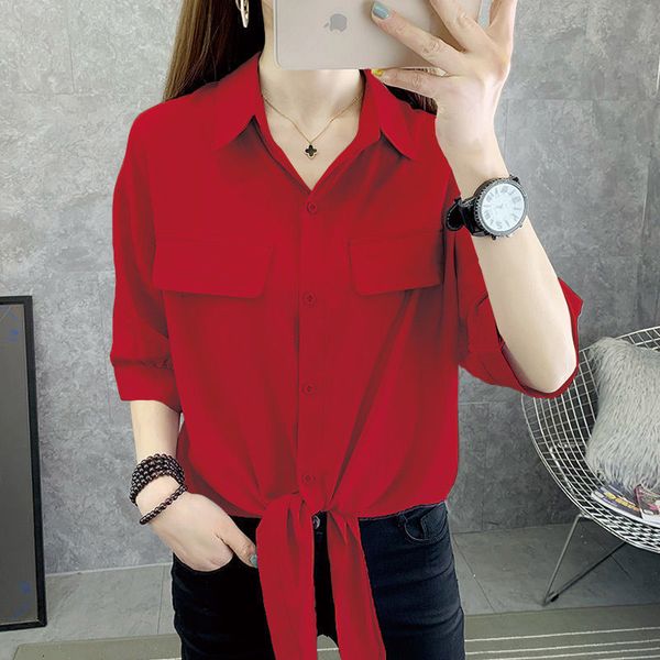 

women's blouses shirts fashion lapel spliced pockets button oversized bandage chiffon shirt summer commute loose casual women's b, White