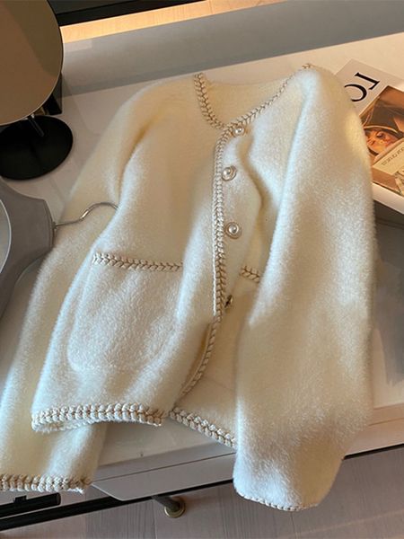 

womens jackets french small fragrance pearl button sweater cardigan gentle mink fleece knit jacket 230302, Black;brown