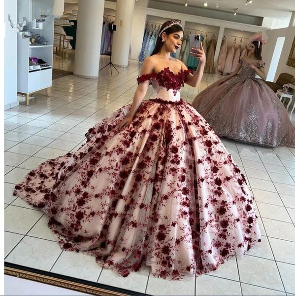 

burgundy princess quinceanera dresses off shoulder 3d flowers appliques lace-up corset prom sweet 16 dress vestidos de 15 anos, Blue;red