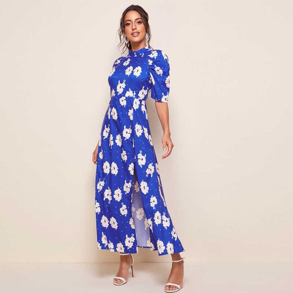 

women's casual dresses ty-71 half-high neck five-quarter sleeve high waist slit skirt long dresses, Black;gray