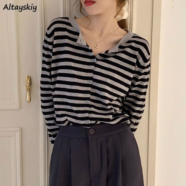 

women's knits tees cropped sweaters women fall trendy basic long sleeve soft ulzzang striped ladies knitwear single breasted simple wom, White