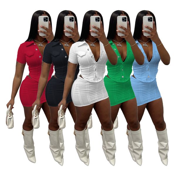 

2023 designer summer dress sets women clothes short sleeve shirt bodycon mini skirt two piece sets casual outfits bulk items wholesale cloth, Black;gray