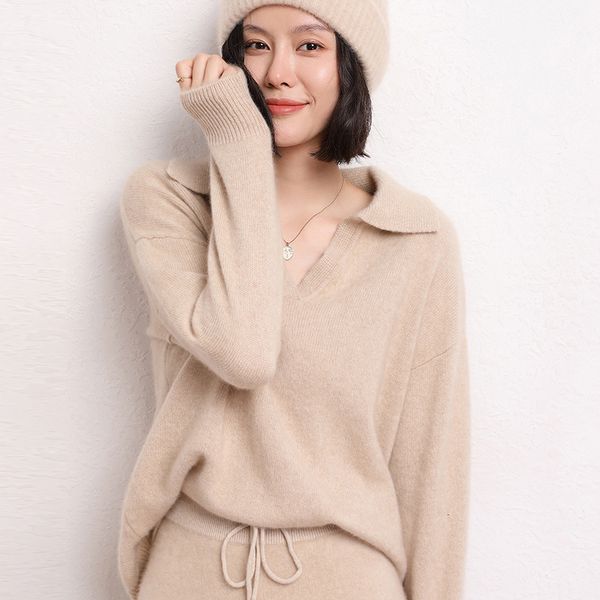 

two piece dress fashion suit autumn winter 100% cashmere knitted sweater women and harem pants two-piece female girl clothes 230302, White