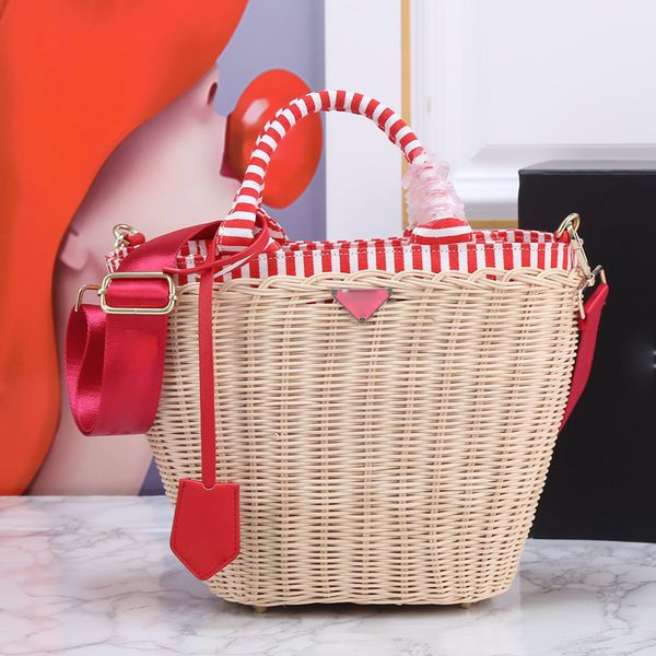 

new straw women totes bag hollow out designer handbags handmade bamboo weaving classics beach bags fashion triangle hardware letter top