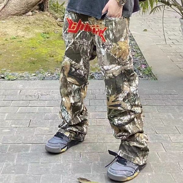 

mens pants letter towel embroidery camouflage cargos for men streetwear casual y2k baggy overalls oversized spliced trousers 230301, Black