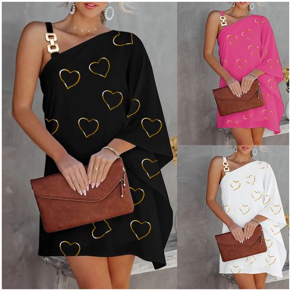 

off-shoulder metal sling printed chain strap semi-off-shoulder diagonal collar loose dress summer bat sleeve2, Black;gray