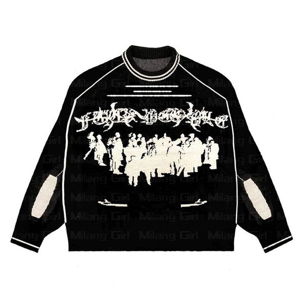 

men's sweaters hip hop streetwear knitted men women gothic hassett pattern oversized pullover winter harajuku cotton sweater 230302, White;black