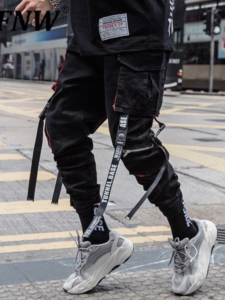 

mens pants pfnw streetwear hip hop casual overalls solid black male trousers cool safari style joggers ribbons cargo 12x1463 230301