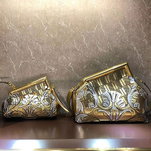 

clutch bag fashion shoulder bags handbags women hollowed out letter floral crossbody purse gold genuine leather material metal hasp mesh tot