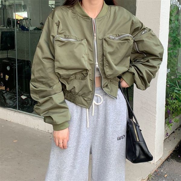 

womens jackets deeptown harajuku cropped zipper baseball jacket women korean streetwear green black oversized vintage aesthetic short 230302, Black;brown