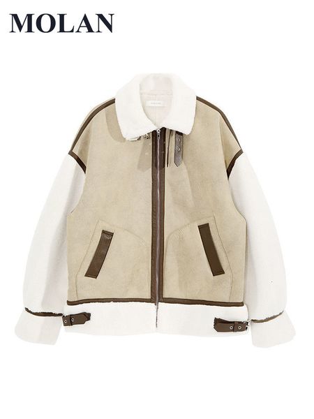 

women's jackets molan warm loose woman coat lambs wool leather patchwork streetwear tutleneck zipper fashion fleece jacket female outwe, Black;brown