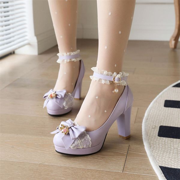 

dress shoes yqbtdl autumn ladies heels platform cute bow lace princess mary jane lolita shoes party buckle girls sweet women pumps 230302, Black