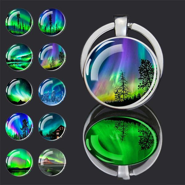 

key rings luminous aurora keychain for girls glow in the dark northern lights double face glass cabochon keyring keyholder jewelry r230301, Slivery;golden