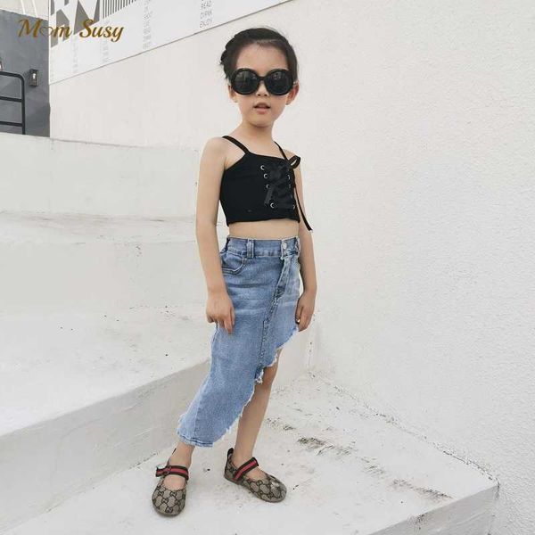 

skirts fashion baby girl jean skirt cotton toddler teen girl asymmetric denim skirt casual design summer baby clothes 2-12y t230301, Blue