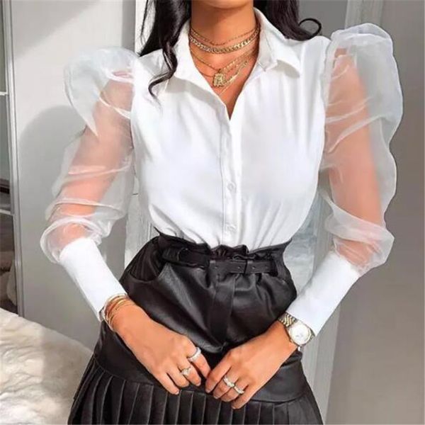 

women long sleeve blouse and floral v neck casual puff sleeve big size blouse mesh sleeve shirt female blusas, White