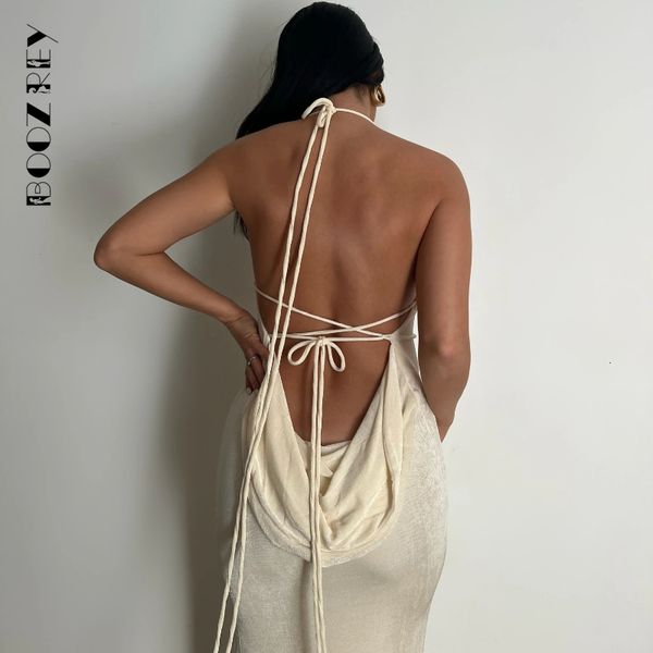 

two piece dress boozrey swing collar backless sleeveless maxi prom summer drawstrings hollow out slit women solid party y2k robe 230302, White