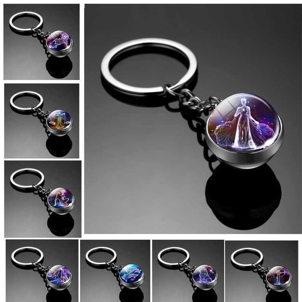 

key rings keychain charms original 12 constellation key ring luminous double-sided glass ball keychain car pendant accessories keychains r23, Slivery;golden