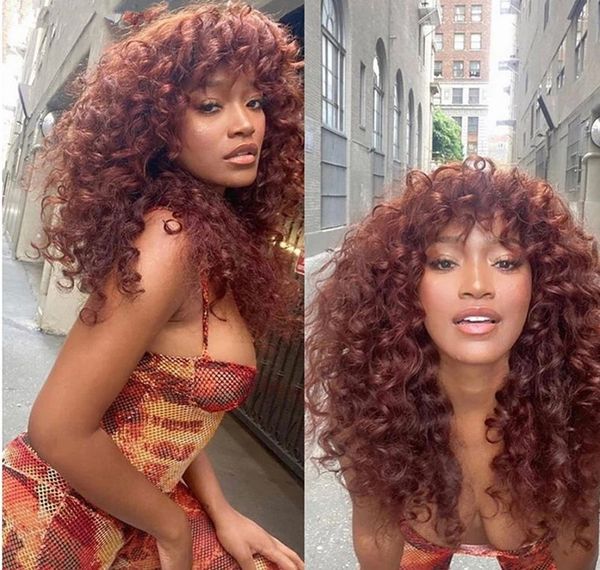 

fashion burguary red deep curly human hair wigs with bang frine glueless machine made none lace wig easy wearing full exactly like pic 150%d, Black;brown