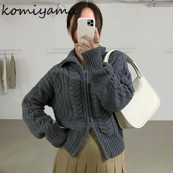 

women's knits tees komiyama twist knitted cardigan mujer lapel zipper sweaters women autumn winter clothes vintage fashion long sleeve, White