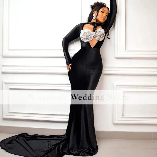 

black dress for prom 2k23 long sleeves beads velvet african evening gowns women party dress vestidos arabes