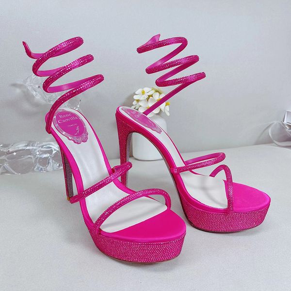 

rene crystal lamp snake strass sandals womens stiletto heel suede snake evening shoes women luxury designers ankle wraparound shoe for women, Black
